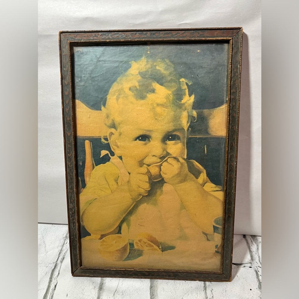 vintage old framed print Baby in high chair eating fruit wooden frame 8.5’x12’